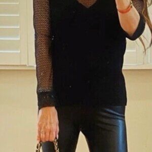 Maje Black Knit Top with Sheer Mesh Sleeves
